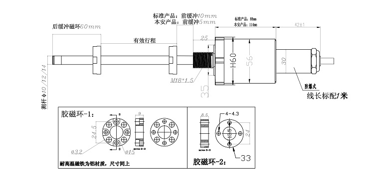 防爆式磁致伸缩位移传感器安装尺寸图